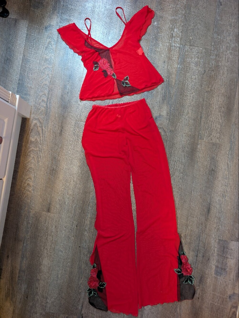Red Floral Embroidered Two-Piece Lingerie Lounge Set